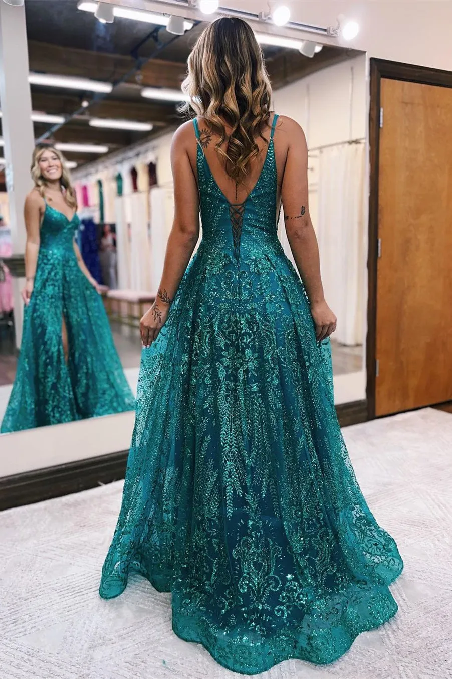 Designer Long A-line Spaghetti Straps Lace Sleeveless Prom Dress With Slit