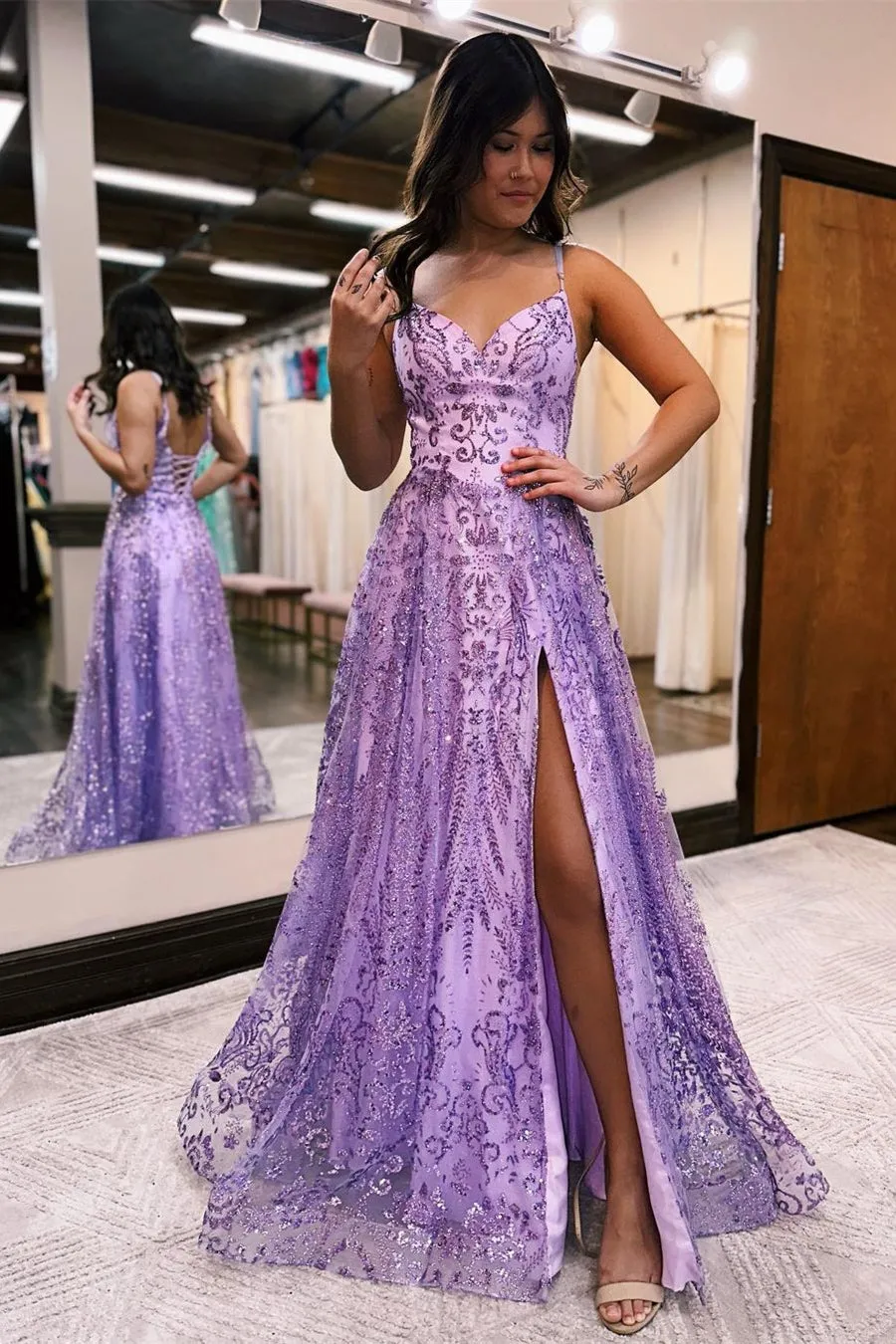 Designer Long A-line Spaghetti Straps Lace Sleeveless Prom Dress With Slit