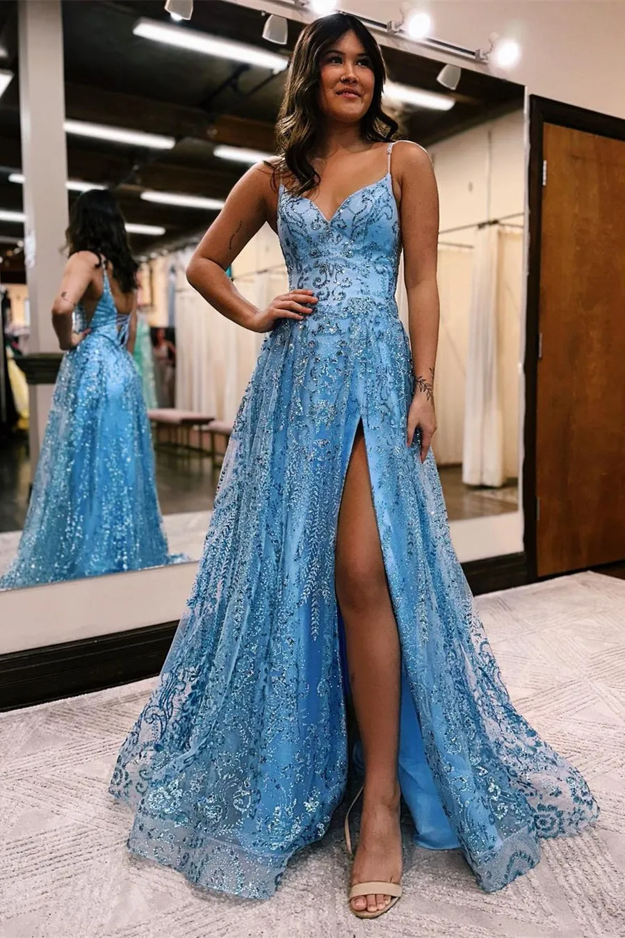 Designer Long A-line Spaghetti Straps Lace Sleeveless Prom Dress With Slit