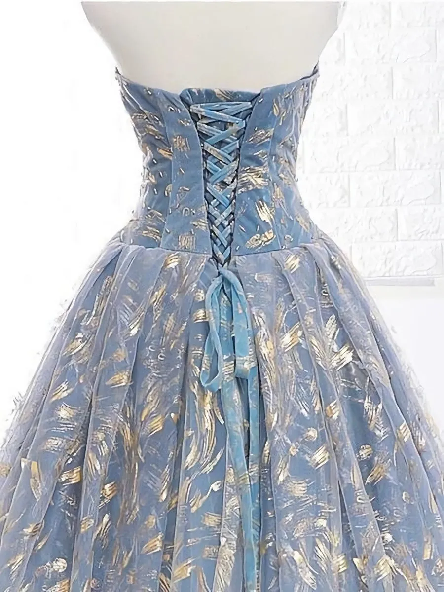 Elegant A Line Blue Tulle Long Strapless Lace Up Gold Evening Dress Prom Dresses Js223