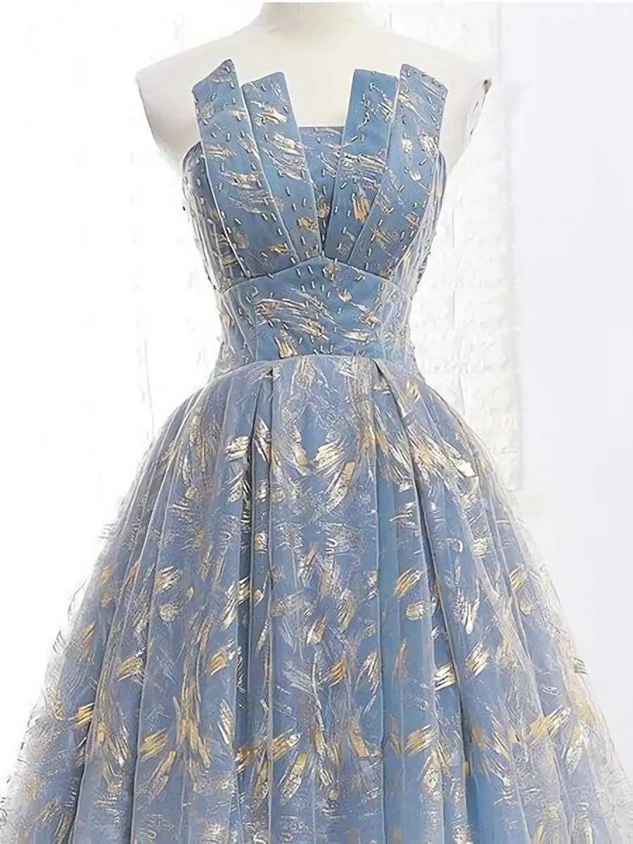 Elegant A Line Blue Tulle Long Strapless Lace Up Gold Evening Dress Prom Dresses Js223