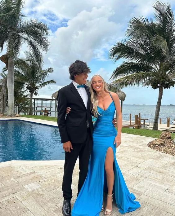 Elegant Blue V Neck Prom Dress With Split,Blue Ball Dresses