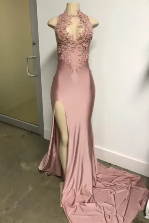 Elegant Halter Evening Dress | Lace Appliques Prom Dress With Split BC0227