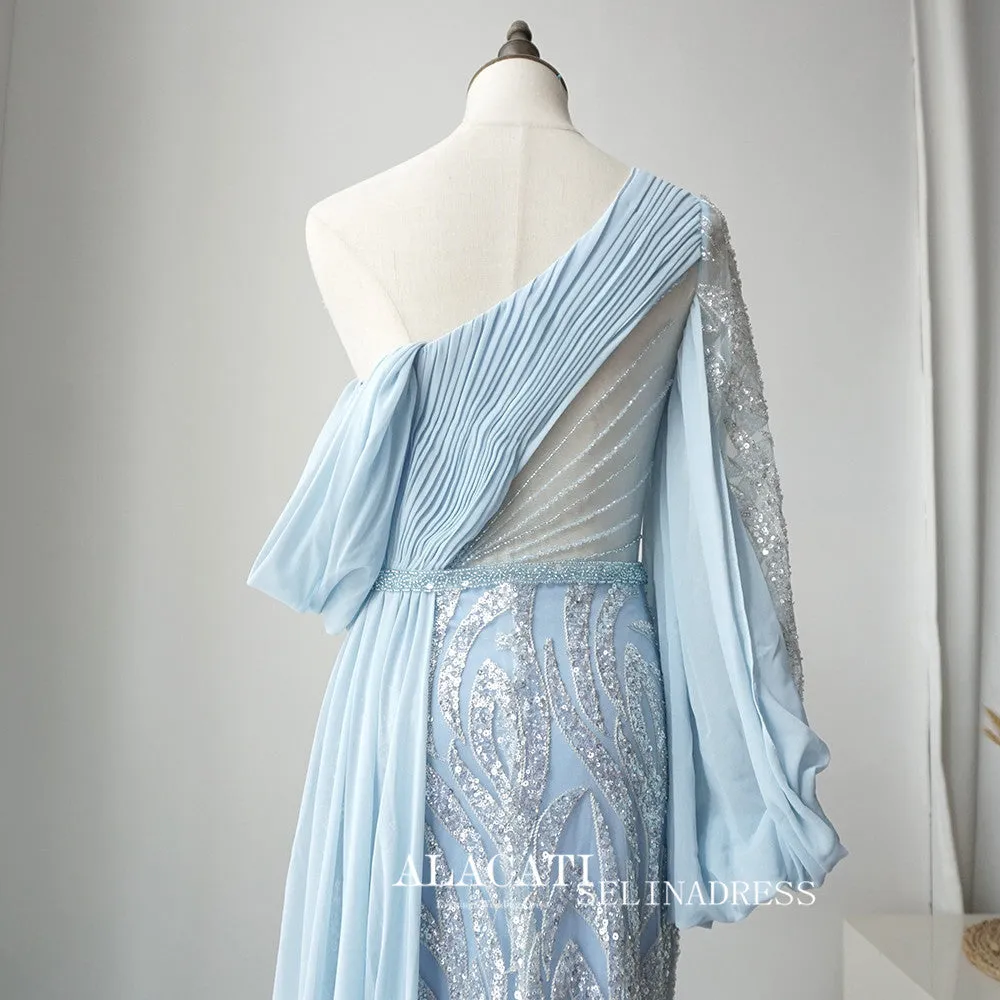 Elegant One Shoulder Long Sleeve Prom Dress Light Sky Blue Beaded Evening Dress Formal Gown FUE011