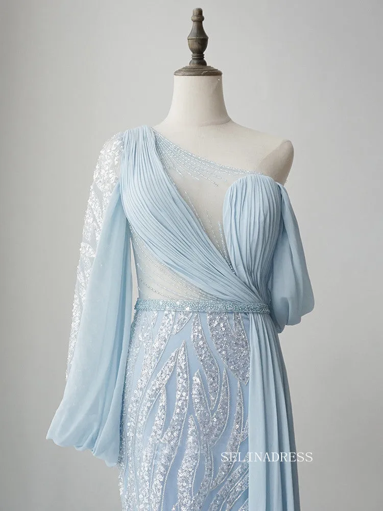 Elegant One Shoulder Long Sleeve Prom Dress Light Sky Blue Beaded Evening Dress Formal Gown FUE011