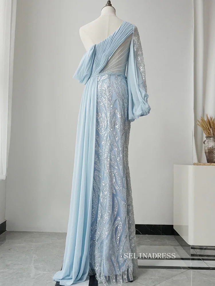 Elegant One Shoulder Long Sleeve Prom Dress Light Sky Blue Beaded Evening Dress Formal Gown FUE011