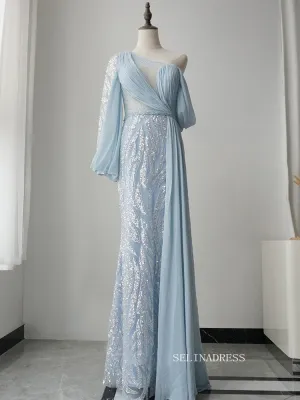 Elegant One Shoulder Long Sleeve Prom Dress Light Sky Blue Beaded Evening Dress Formal Gown FUE011