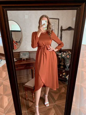 Elegant Plain Button Long Sleeve Round Neck Wrap High Waist Midi Dress