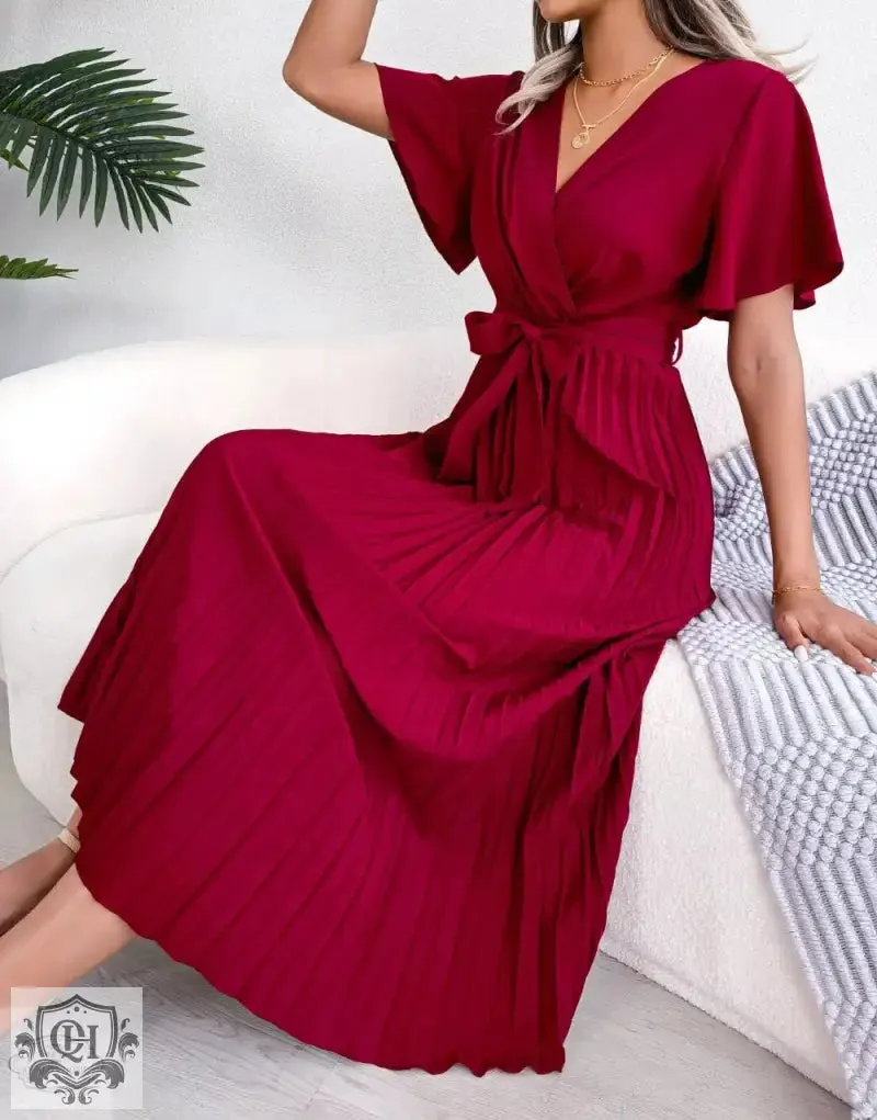 Elegant Pleated Short Sleeve Dress