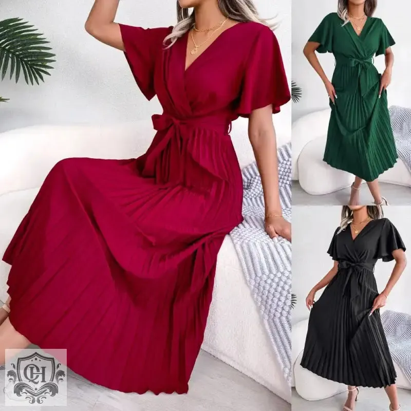 Elegant Pleated Short Sleeve Dress