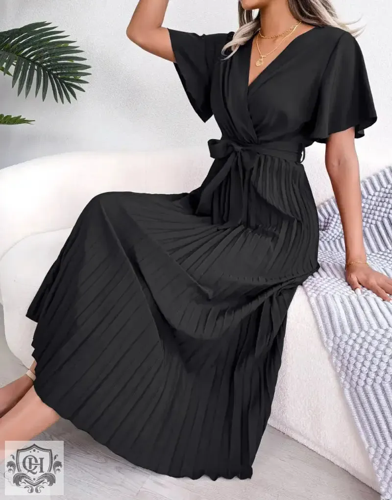 Elegant Pleated Short Sleeve Dress