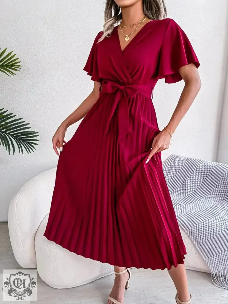 Elegant Pleated Short Sleeve Dress