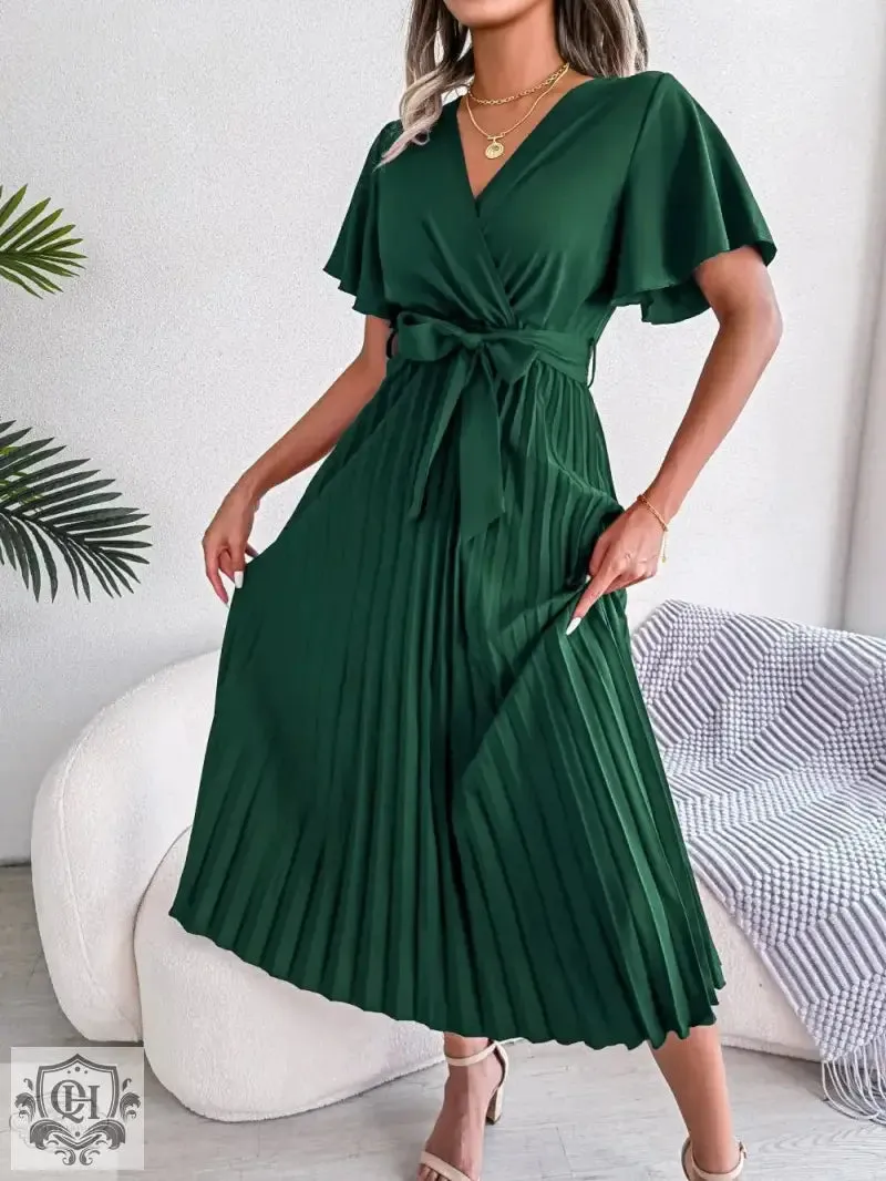Elegant Pleated Short Sleeve Dress