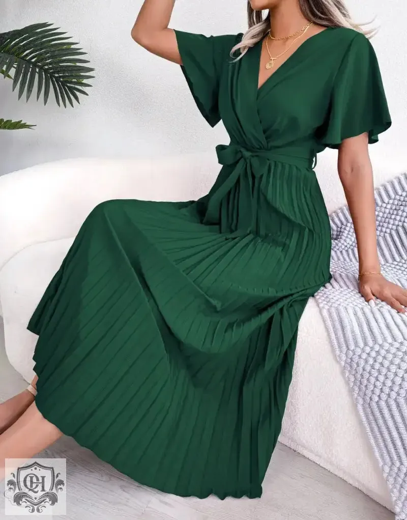 Elegant Pleated Short Sleeve Dress