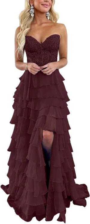 Elegant Ruffle Tiered Chiffon Prom Dresses Lace Applique Strapless Side Split Ball Gown Formal Evening Gown