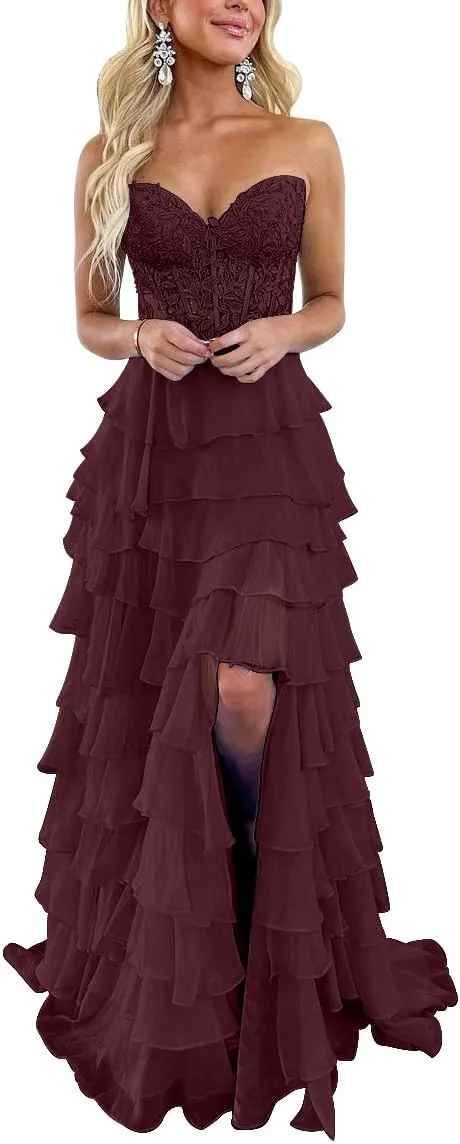 Elegant Ruffle Tiered Chiffon Prom Dresses Lace Applique Strapless Side Split Ball Gown Formal Evening Gown