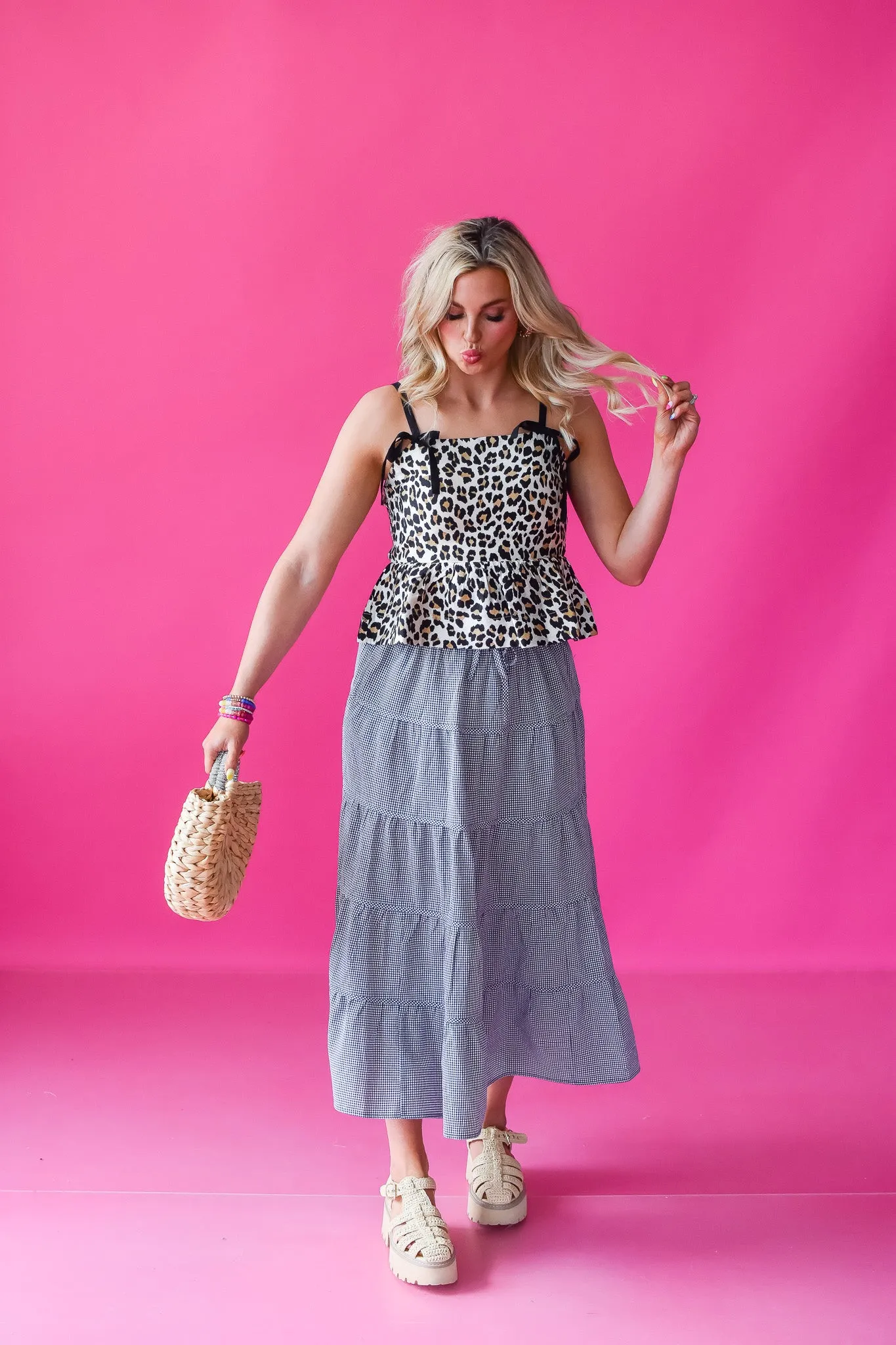 Ella Gingham Midi Skirt in Black/White