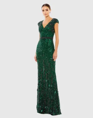 Embellished V-Neck cap sleeve sequin gown - Green