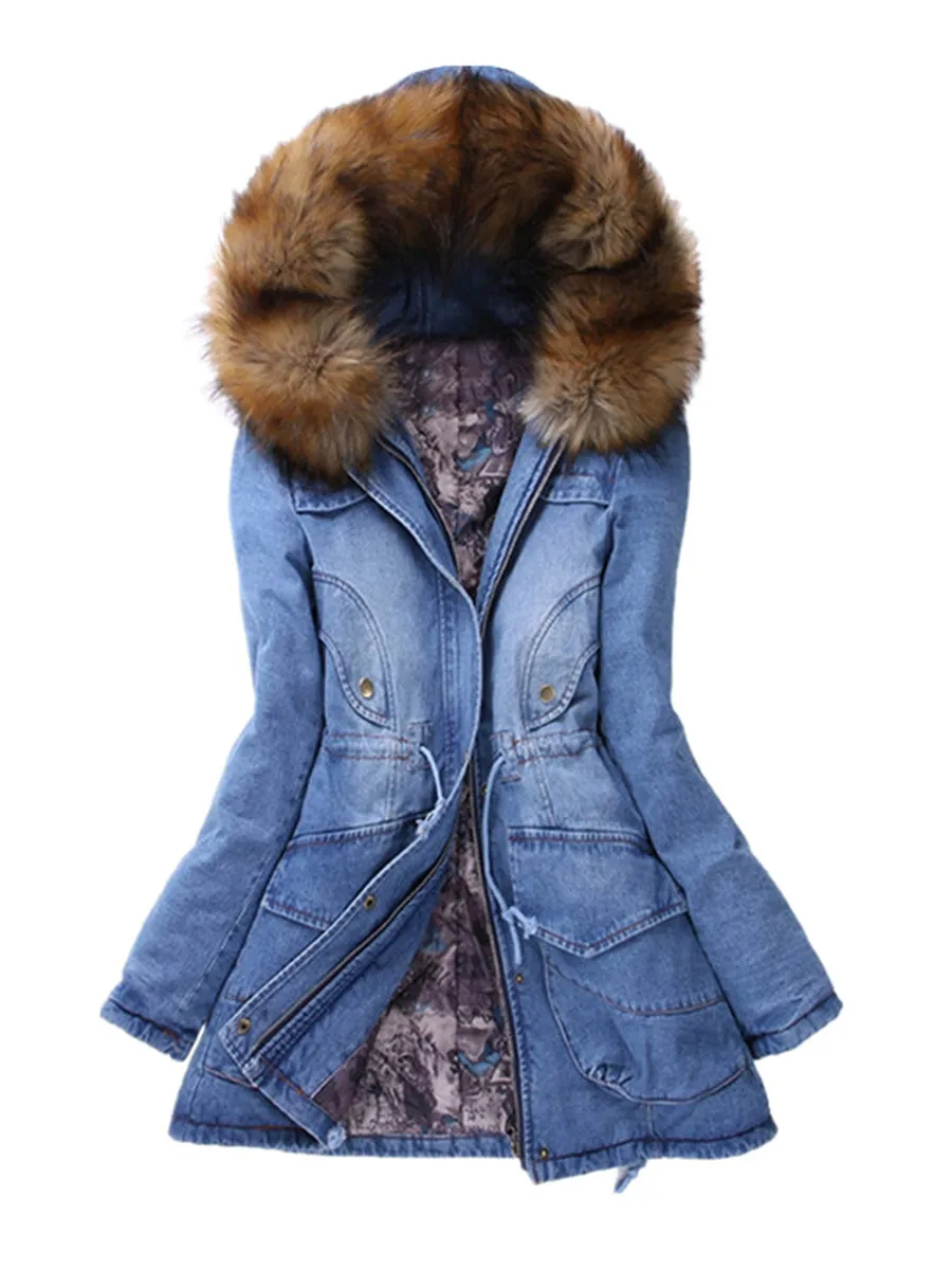 Fashionable Denim Women's Jacket with Furry Hood