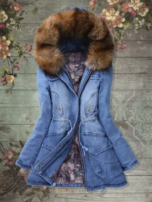 Fashionable Denim Women's Jacket with Furry Hood