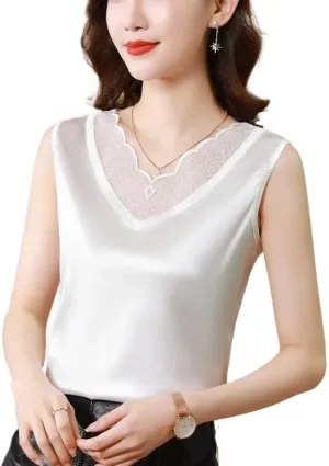 Fashionable Outerwear Lace Camisole Women's Large Size Slim Sleeveless Base Shirt Inner V-Neck Top(OneColor,L)