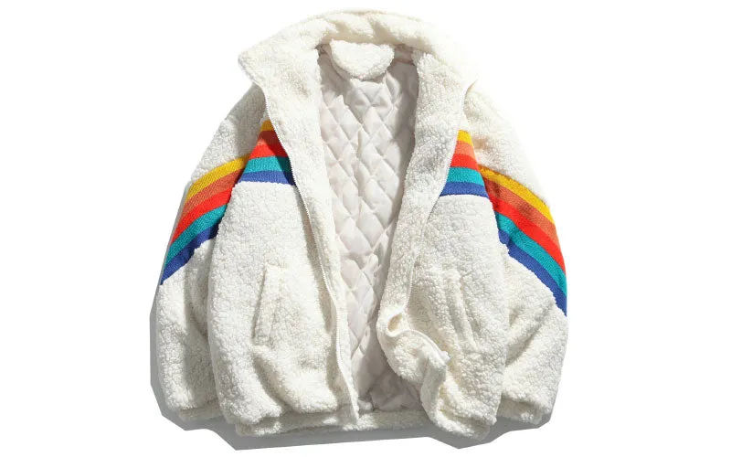Fleece Parka Rainbow Jacket Patchwork Zipper