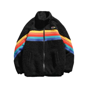 Fleece Parka Rainbow Jacket Patchwork Zipper