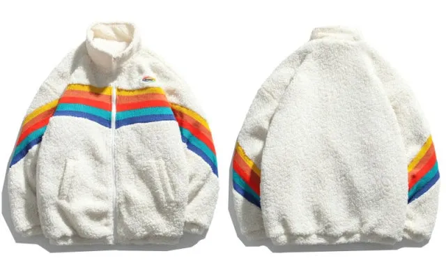 Fleece Parka Rainbow Jacket Patchwork Zipper