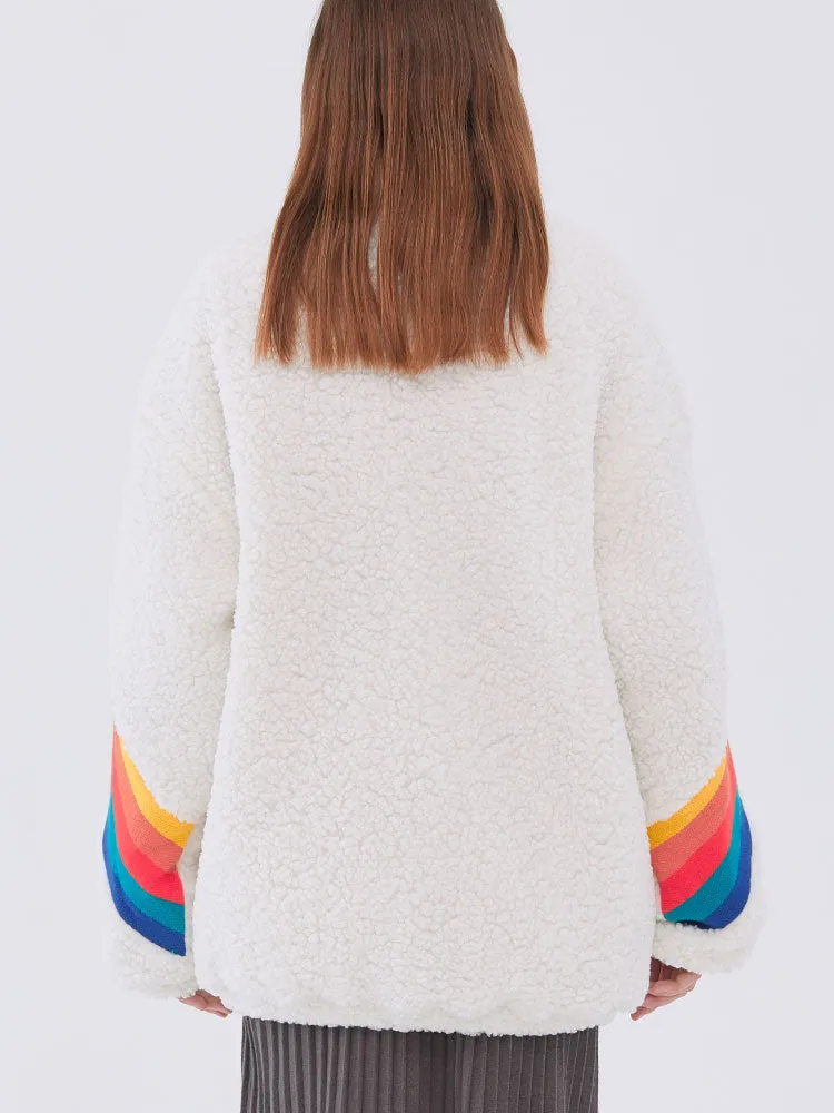 Fleece Parka Rainbow Jacket Patchwork Zipper