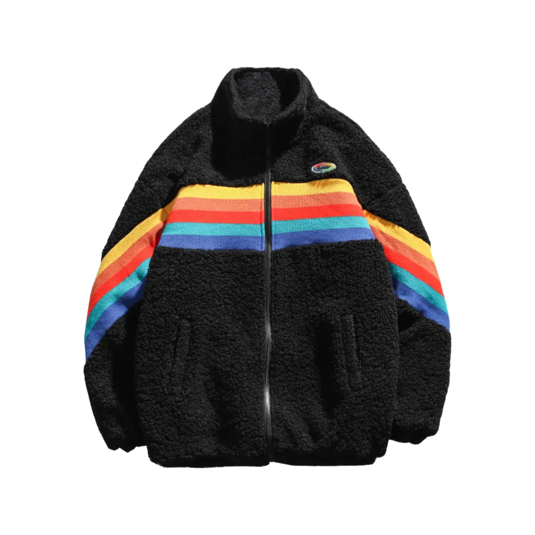 Fleece Parka Rainbow Jacket Patchwork Zipper