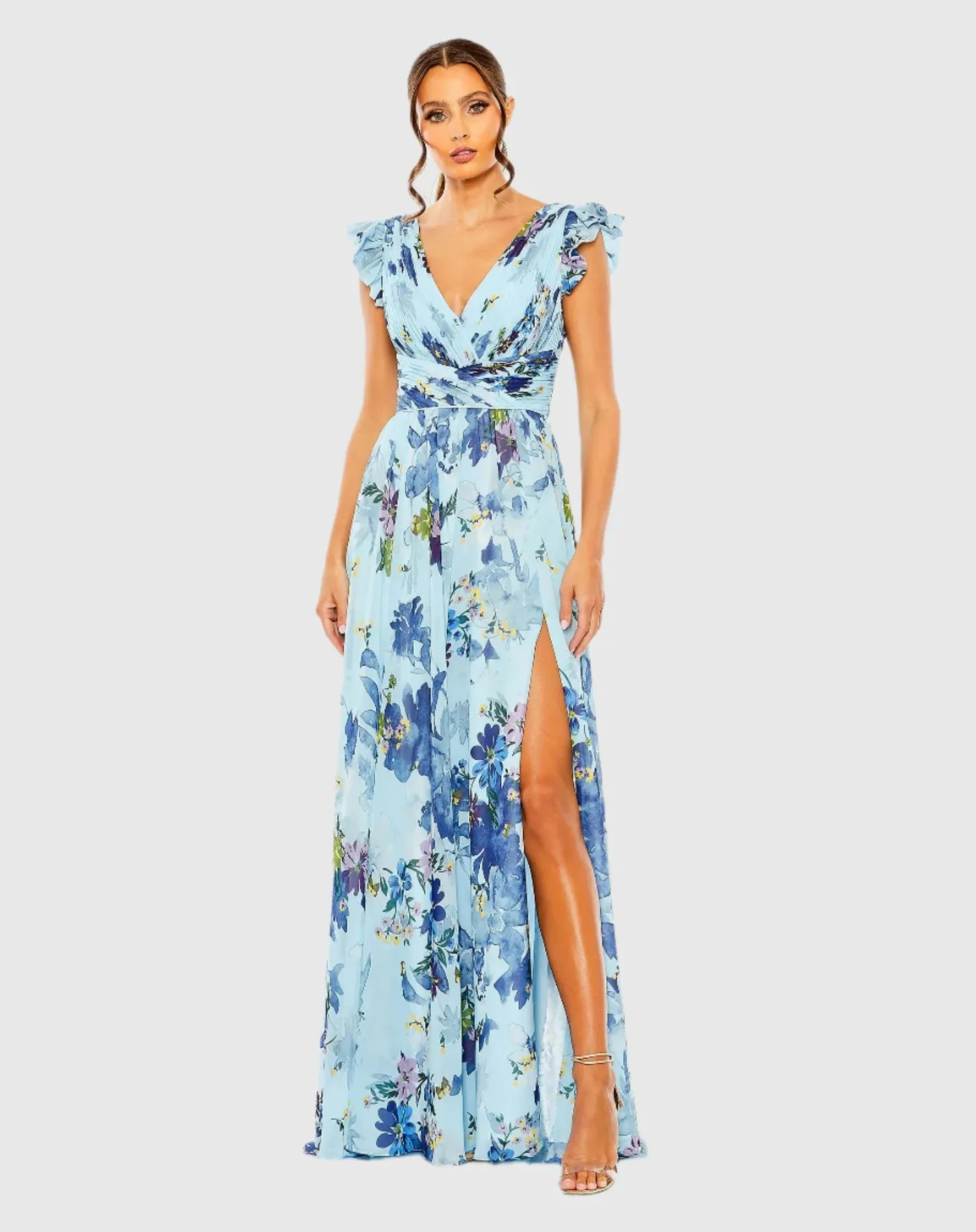 Floral Print Plunge Chiffon Gown - Blue
