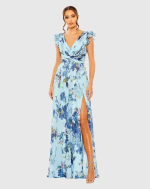 Floral Print Plunge Chiffon Gown - Blue