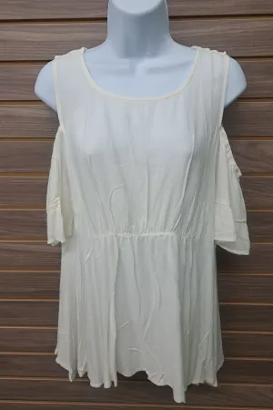 Flowy linen cold shoulder pull over blouse