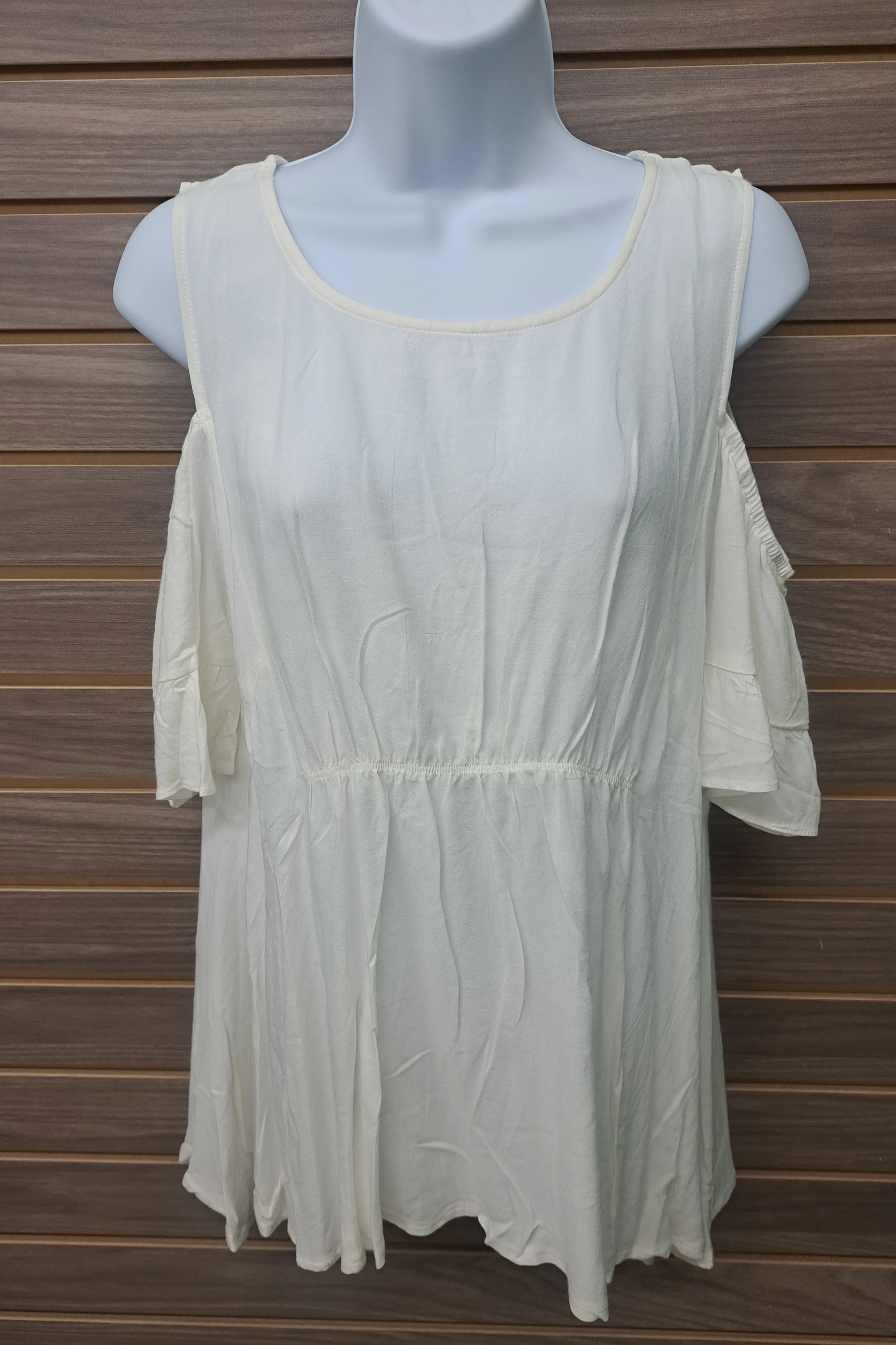 Flowy linen cold shoulder pull over blouse