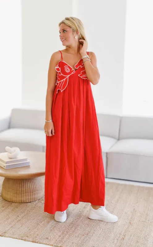 Gabriella – Fließendes Koi-Fisch Spaghetti-Träger Maxikleid für Damen