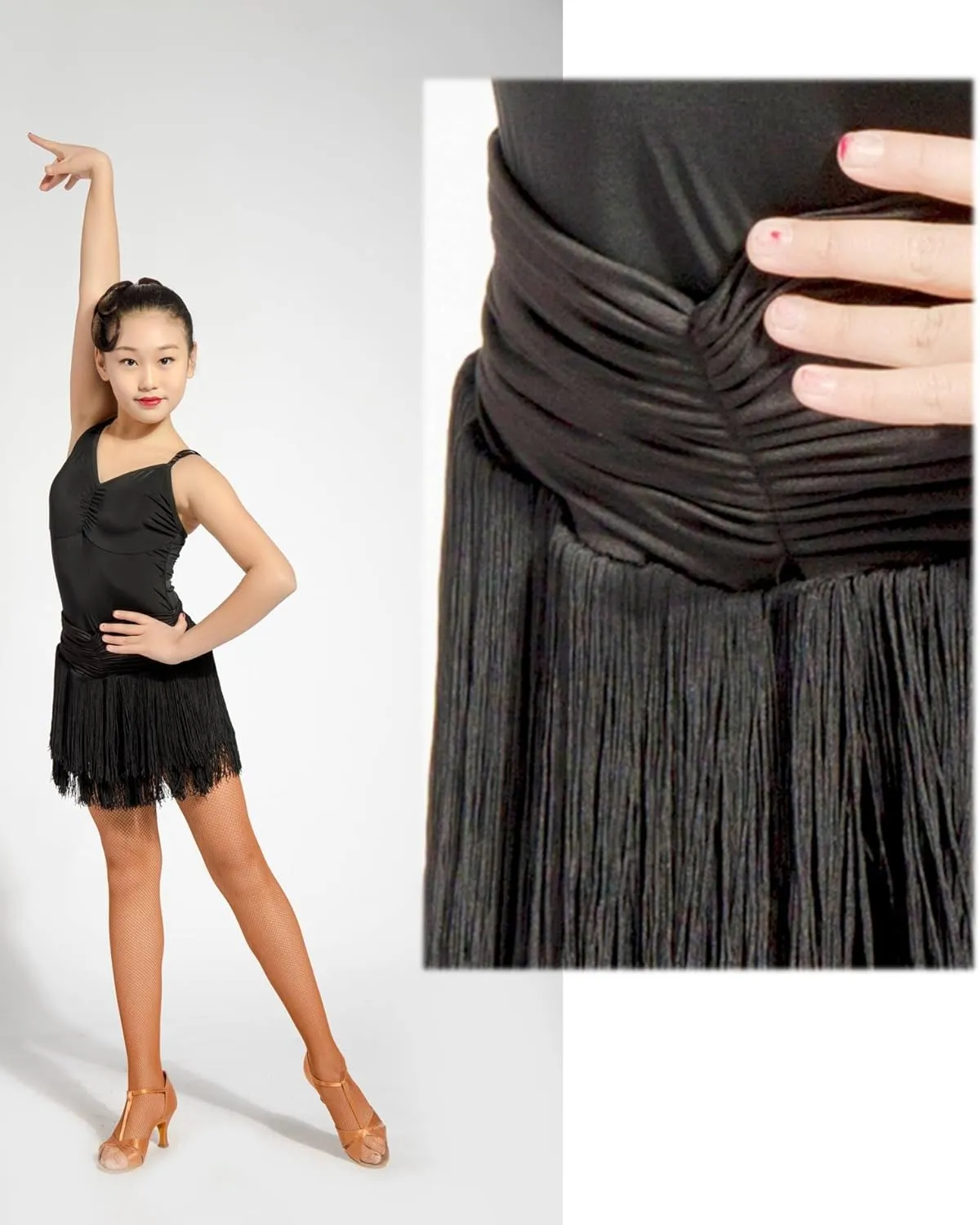 GD2002 Kid Latin Ballroom Dance Professional Pleated Surface and Double Tassel Swing Design Skirt for Girl