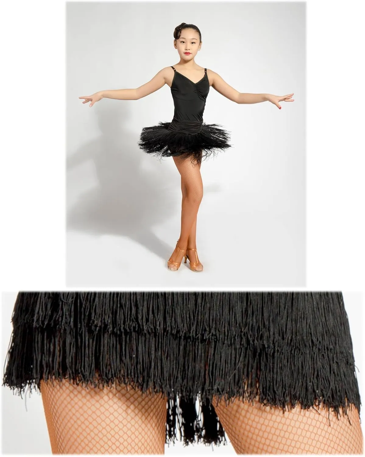 GD2002 Kid Latin Ballroom Dance Professional Pleated Surface and Double Tassel Swing Design Skirt for Girl