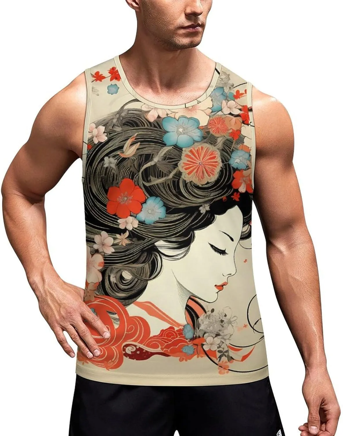 Geisha Flowers Mens Tank Top Undershirt Sleeveless Gym Vest Workout T-Shirts