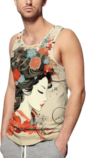 Geisha Flowers Mens Tank Top Undershirt Sleeveless Gym Vest Workout T-Shirts