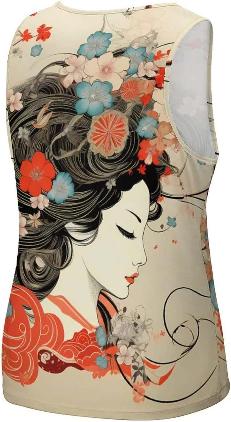 Geisha Flowers Mens Tank Top Undershirt Sleeveless Gym Vest Workout T-Shirts