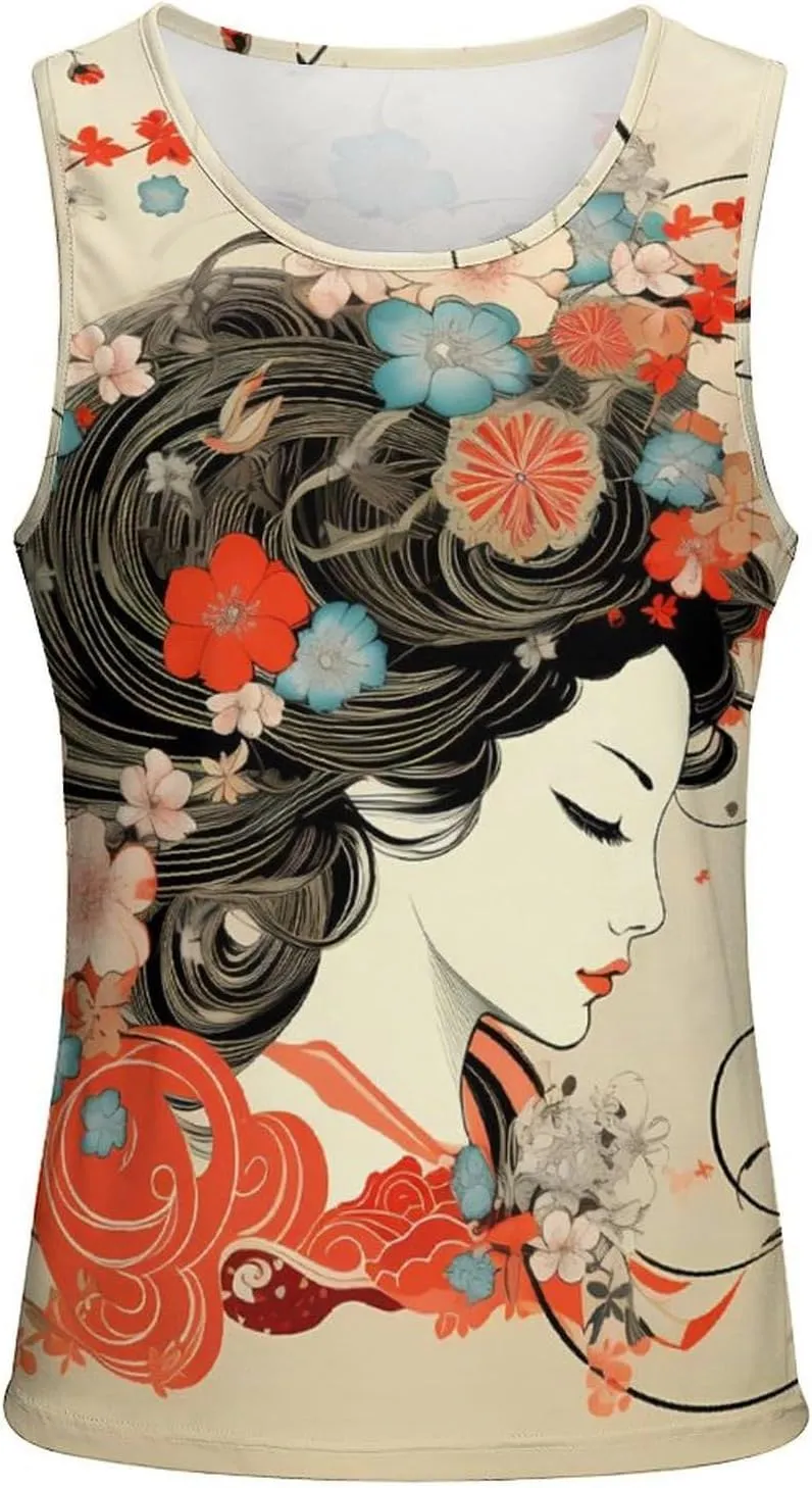 Geisha Flowers Mens Tank Top Undershirt Sleeveless Gym Vest Workout T-Shirts