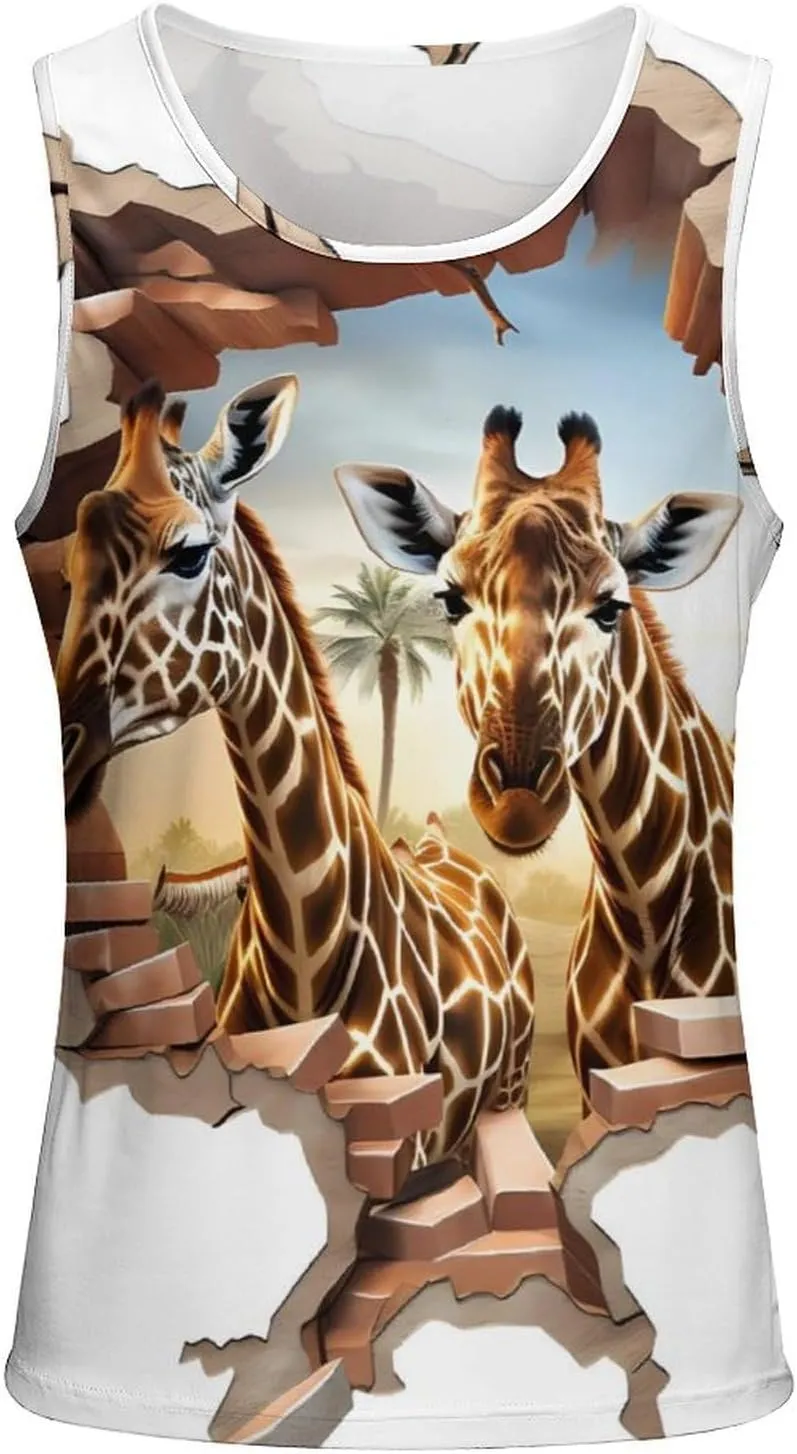 Giraffe 3D Indoor Wall Mens Tank Top Undershirt Sleeveless Gym Vest Workout T-Shirts