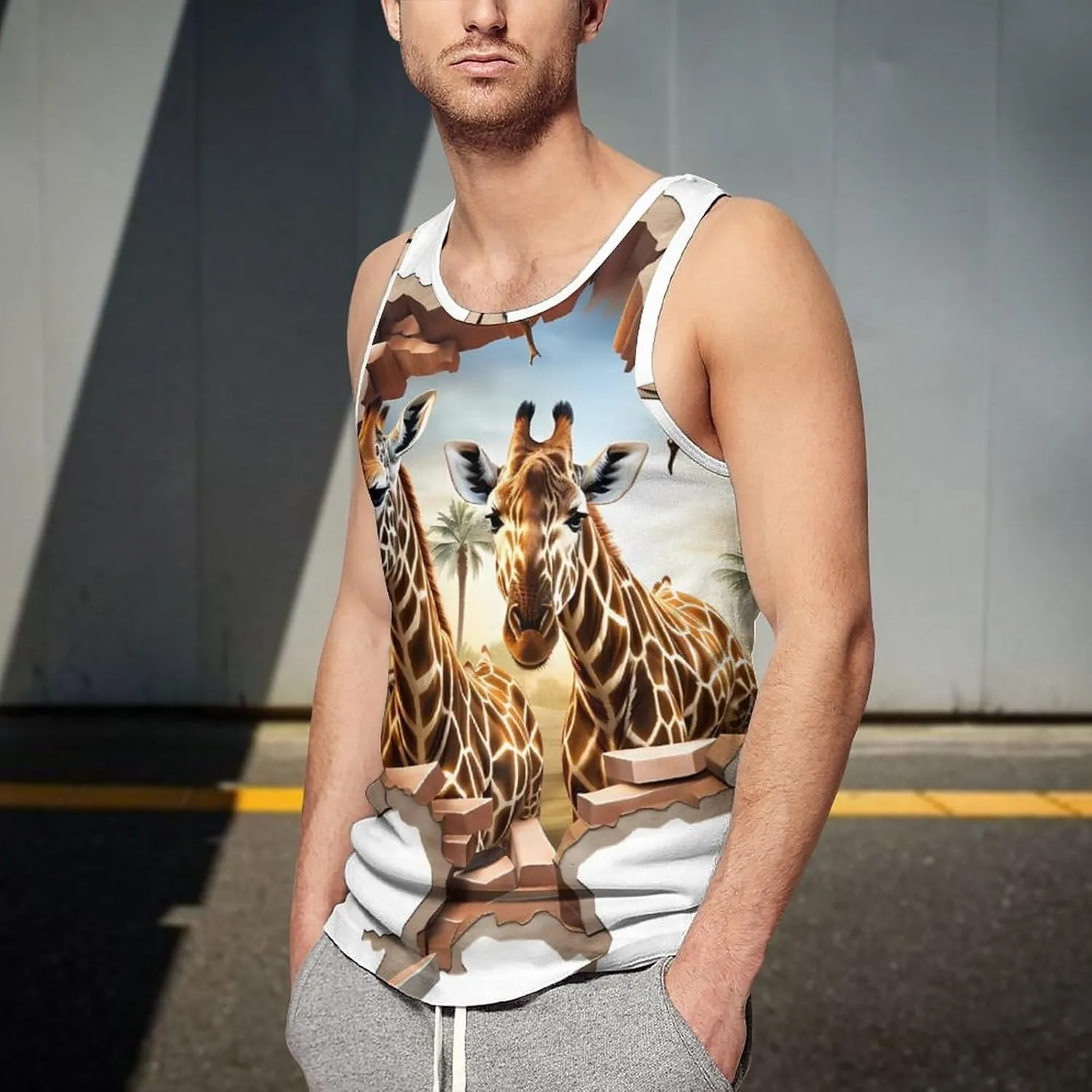 Giraffe 3D Indoor Wall Mens Tank Top Undershirt Sleeveless Gym Vest Workout T-Shirts