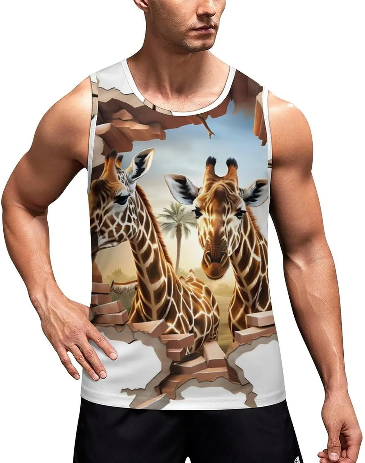 Giraffe 3D Indoor Wall Mens Tank Top Undershirt Sleeveless Gym Vest Workout T-Shirts