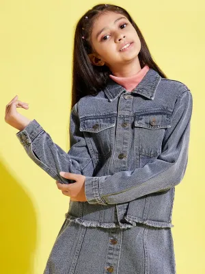 Girls Grey Acid Wash Raw Hem Denim Crop Jacket - Lyush Kids