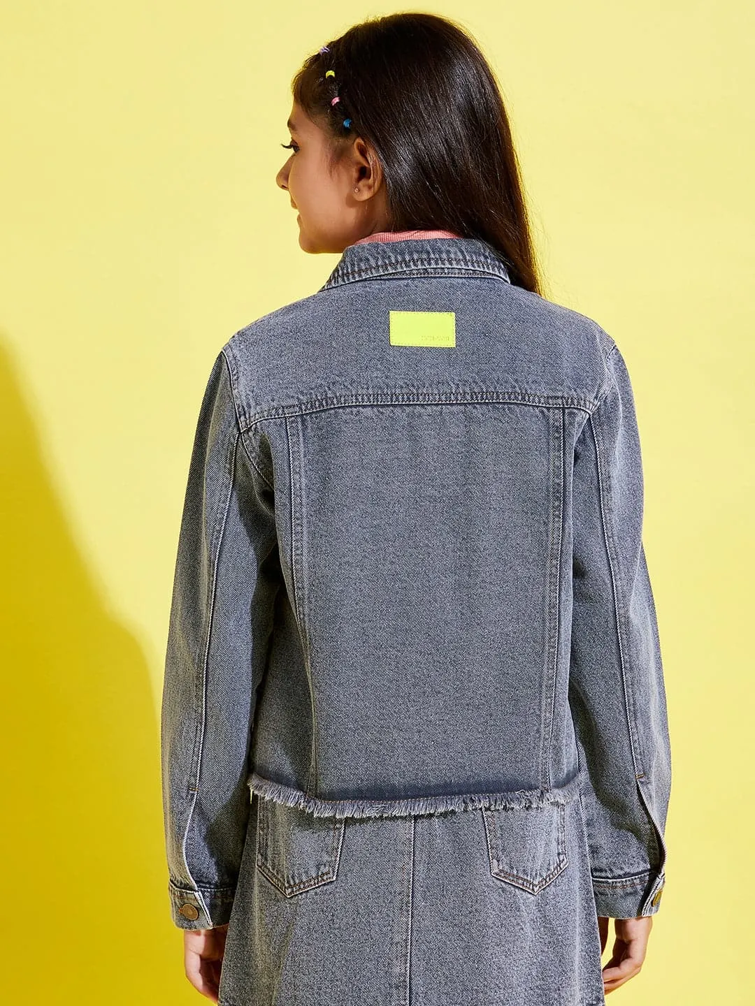 Girls Grey Acid Wash Raw Hem Denim Crop Jacket - Lyush Kids