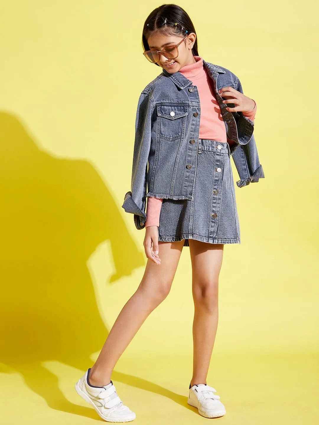 Girls Grey Acid Wash Raw Hem Denim Crop Jacket - Lyush Kids