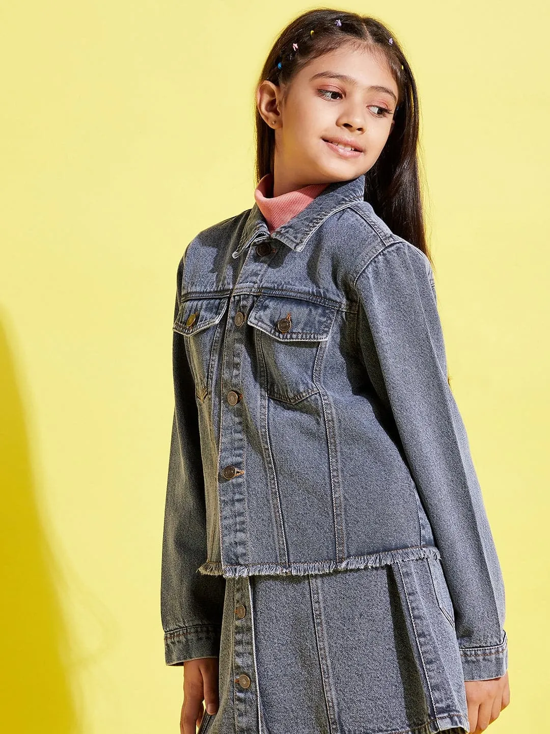 Girls Grey Acid Wash Raw Hem Denim Crop Jacket - Lyush Kids