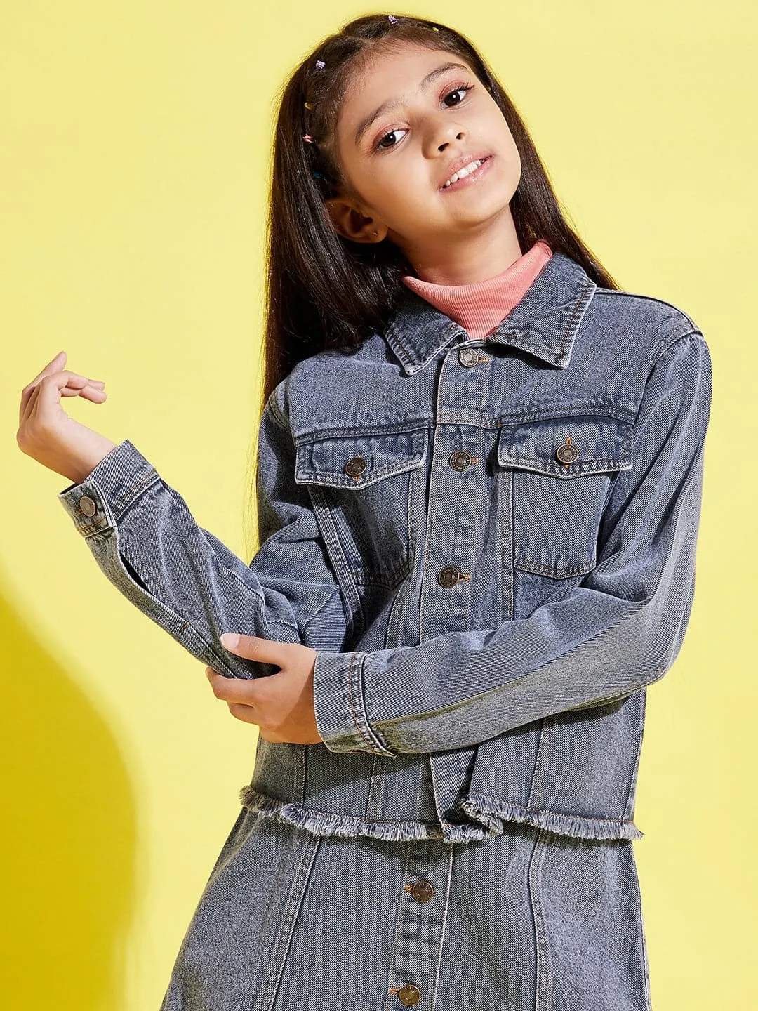 Girls Grey Acid Wash Raw Hem Denim Crop Jacket - Lyush Kids