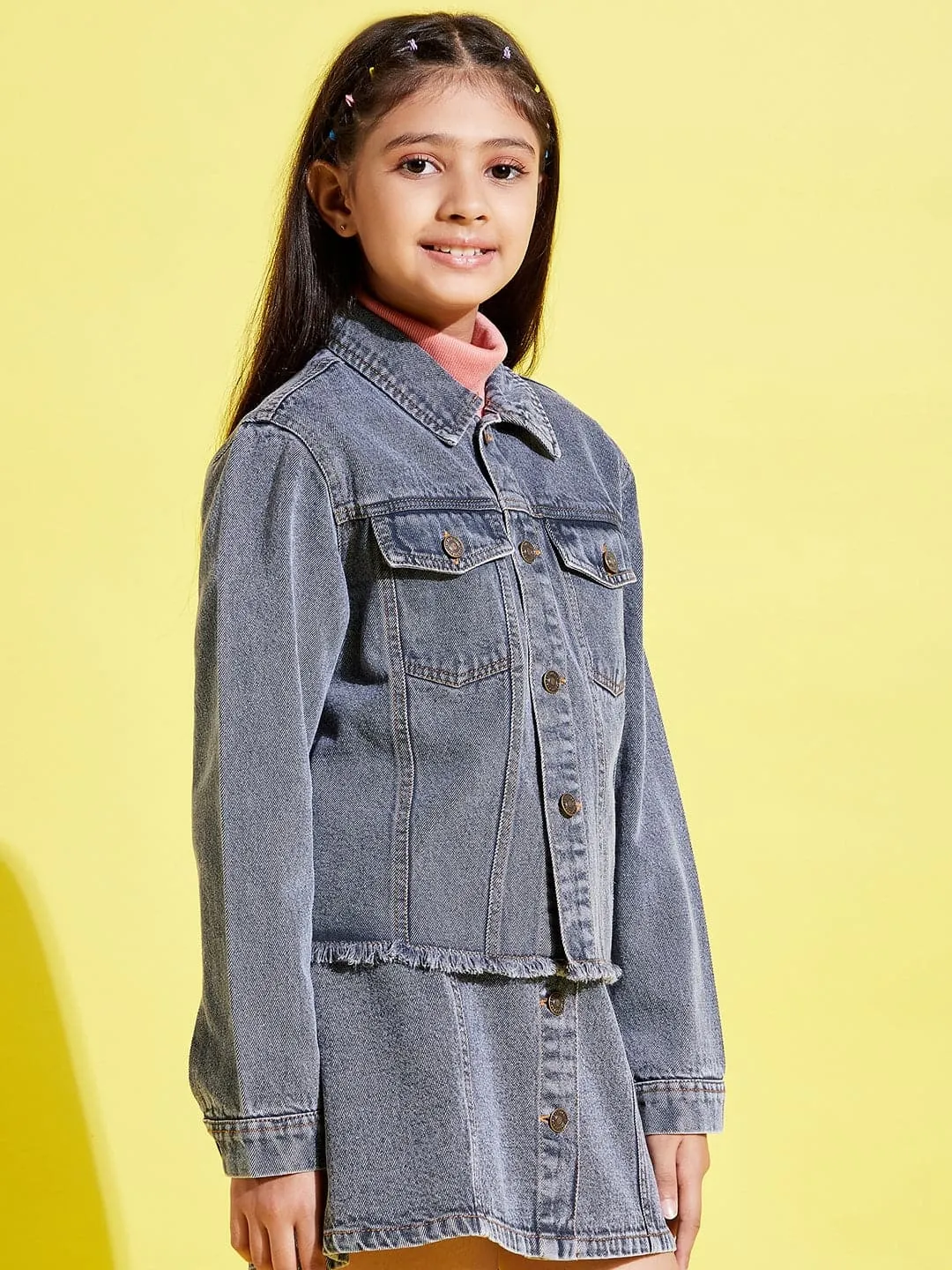 Girls Grey Acid Wash Raw Hem Denim Crop Jacket - Lyush Kids